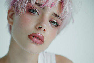 Beauty portrait of young woman with nice makeup on pink background