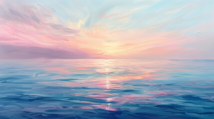 Naklejka na ściany i meble A painting of a sunset over the ocean with a pink and blue sky