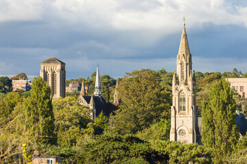 Church towers in Bournemouth cityscape, Dorset, UK