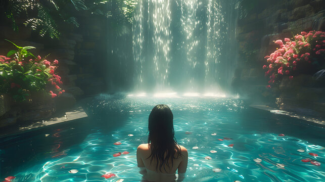 Enchanting image of a woman observing a hidden garden's waterfall with sun rays