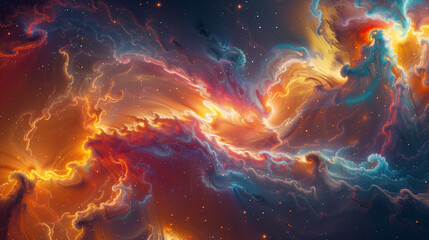 A colorful space scene with a bright orange cloud in the middle