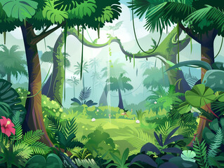 Tropical forest view, exotic jungle landscape , kids illustration style, with empty copy space in center