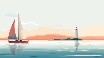 A sailboat cruising on a calm sea with a lighthouse