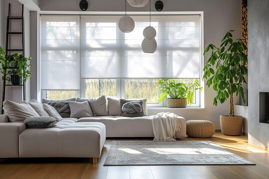 Interior roller blinds are installed in the living room, featuring white colored roller shades on the windows. Within the same room, there are also a houseplant and a sofa present. See Less