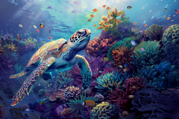 Large sea turtle swimming underwater, colorful corals and fish. Exotic, tropical summer clear warm water. 