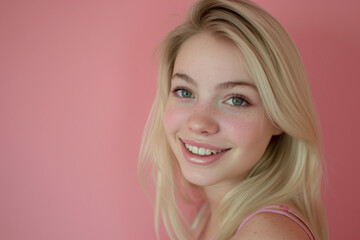 Fototapeta premium Beauty portrait of young woman with nice makeup on pink background