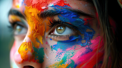 Vibrant Artistry: Woman with Multicolored Painted Face Closeup