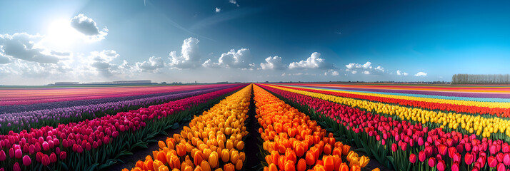  Panoramic 360 degrees aerial view of a colorful,
Tulip flower field on beautiful sunset landscape