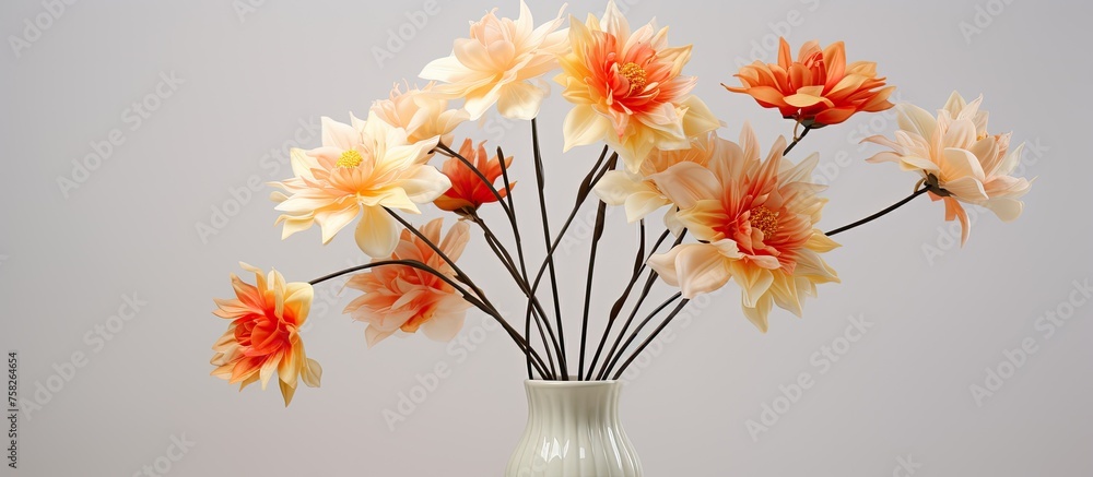 Sticker A stunning flower arrangement in a vase with vibrant orange blooms set against a clean white backdrop, showcasing the beauty of nature and creative arts