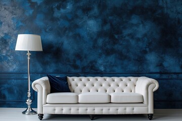Luxury sofa with lamp in living room interior design on dark blue painted wall background with copy space.