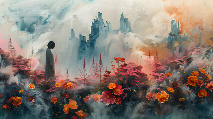 A lone figure stands in a misty landscape with pink flowers and distant castle-like structures, invoking a dreamy atmosphere