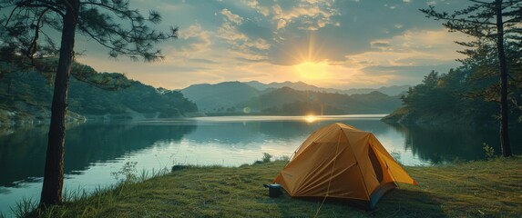 Tent Set Up on Lake Shore