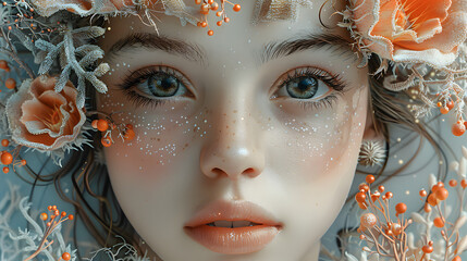 Evocative image of a woman with winter flora on her face, suggesting a magical, frosty atmosphere