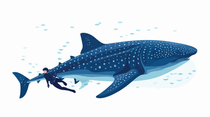 A scuba diver swimming with a whale shark the large
