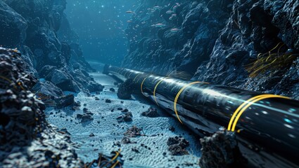 Underwater scene with pipeline on seabed, dark moody lighting, marine life, ideal for industrial, environmental, or oil/gas concepts.