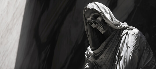 marble statue of the grim reaper in a church with copy space - obrazy, fototapety, plakaty