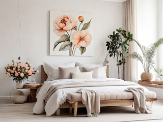 Bedroom with modern interior, Flowers on Wooden Stool and pouf in white background with Poster Frame, watercolor floral Poster frame in the living room