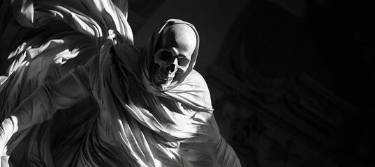 dynamic marble statue of an undead vampire with long flowing robes with copy space