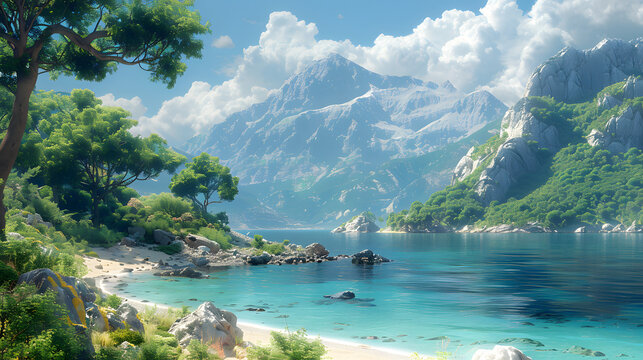 A serene digital landscape depicting a tranquil beach with majestic mountains, invoking calm and adventure