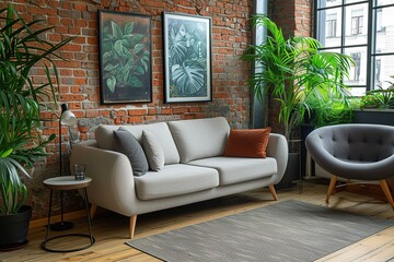 Modern interior of living room with comfortable sofa and armchair near brick wall