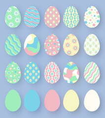 Big collection of various colorful flat Easter eggs on dark blue background. Cartoon cute multicolored eggs with different patterns as a decoration for Easter holiday