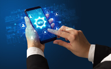 Hand using smartphone with technology concept