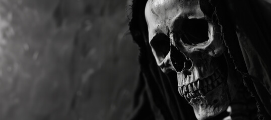 black and white portrait of the grim reaper with copy space - obrazy, fototapety, plakaty