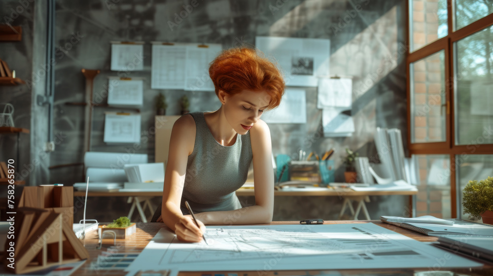 Poster focused woman with short red hair is working on architectural drawings at a drafting table with sket