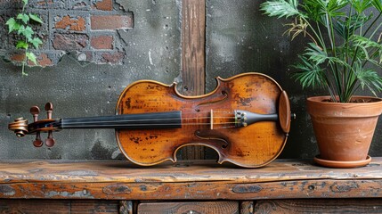 Violin Resting on Wooden Table