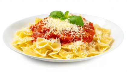 Pasta mit Tomatenso&szlig;e und K&auml;se isoliert auf wei&szlig;en Hintergrund, Freisteller 