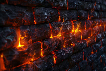 Glowing lava cracks in dark basalt rock wall texture. Fire wall. - obrazy, fototapety, plakaty