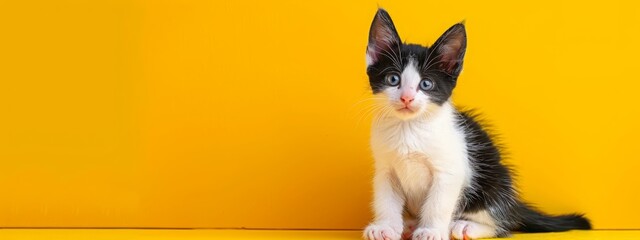 Cute shorthair tricolor kitten sits on a bright yellow background. Banner about pets. Creativ consept for animal shop. Top view, copy space - obrazy, fototapety, plakaty