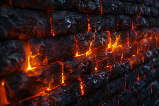 Glowing lava cracks in dark basalt rock wall texture. Fire wall.