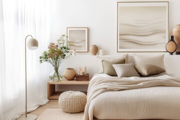 White bedroom interior concept with fabric bed, green home plants and home decor. Scandinavian interior design. Generative AI