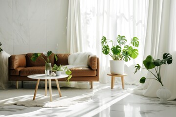 Colorful interior design of modern apartment with fabric sofa and green home plants. Interior mockup. Generative AI