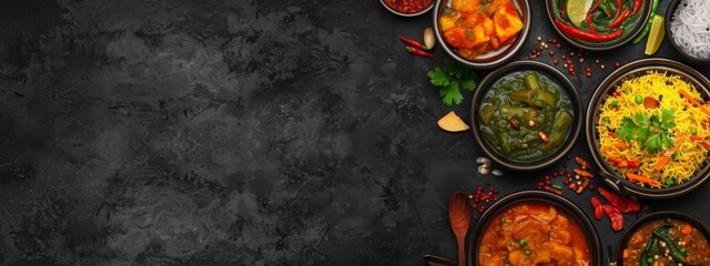 Assorted indian food set on dark background. Bowls and plates with different dishes of indian cuisine. Pongal with sambar and chutney. Top view