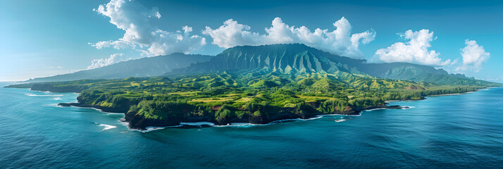 Aerial View of Mahaulepu Heritage Trail Coastlin,
Drone flying backwards revealing Hawaii island nature