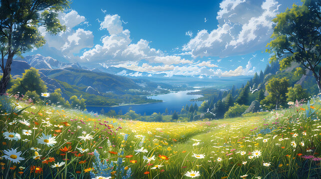 A serene and vibrant landscape depicting a lush flower field leading to a tranquil lake with mountains in the backdrop