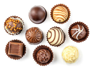 Verschiede Schokoladen Pralinen isoliert auf weißen Hintergrund, Freisteller, Draufsicht 