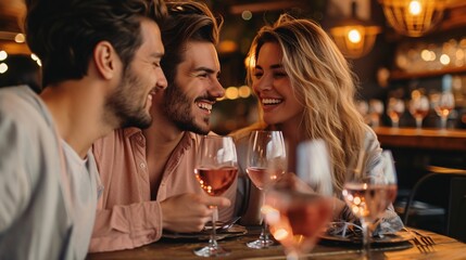 Gorgeous pair enjoying a romantic outing at a bistro while sipping ros√©.