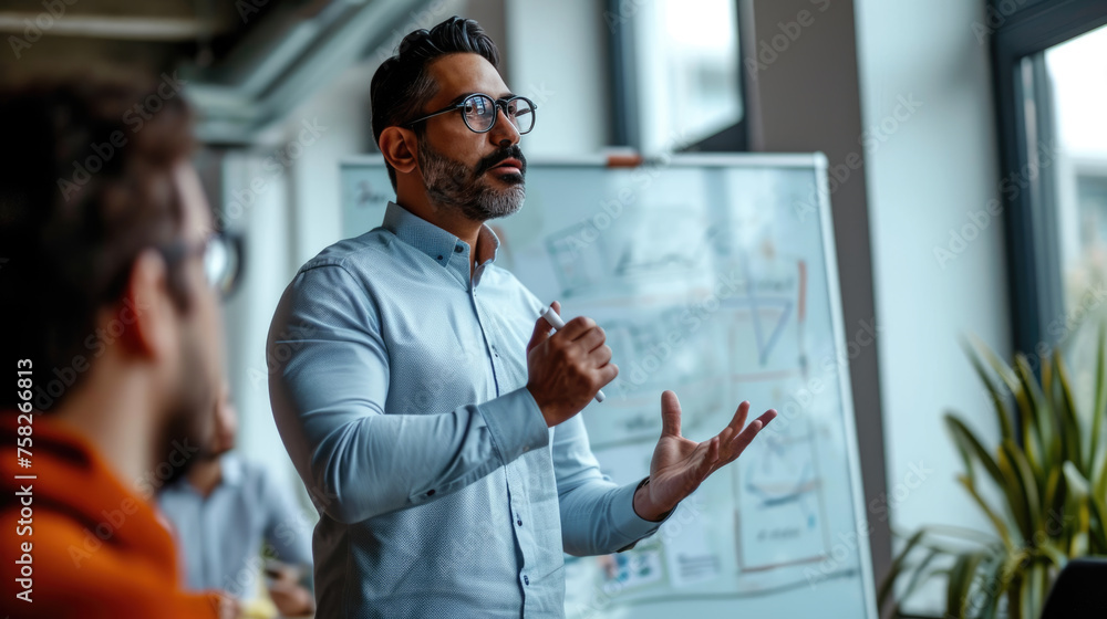 Poster man presenting or explaining something in front of a whiteboard with various colorful charts, diagra