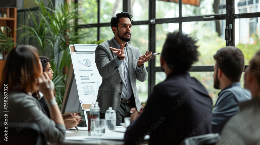 Poster man presenting or explaining something in front of a whiteboard with various colorful charts, diagra