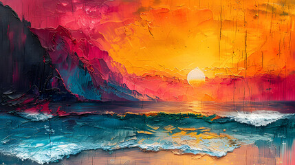 A vivid portrayal of a sunset over the ocean, with expressive brushstrokes creating a dynamic sense of movement in the waves