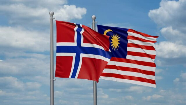 Malaysia and Norway two flags waving together, looped video, two country cooperation concept
