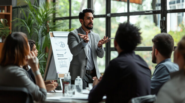 Man presenting or explaining something in front of a whiteboard with various colorful charts, diagrams, and notes, in a bright office setting