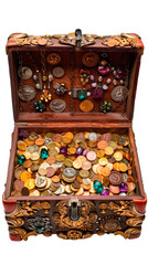 Wooden Chest Overflowing With Coins - Transparent background, Cut out