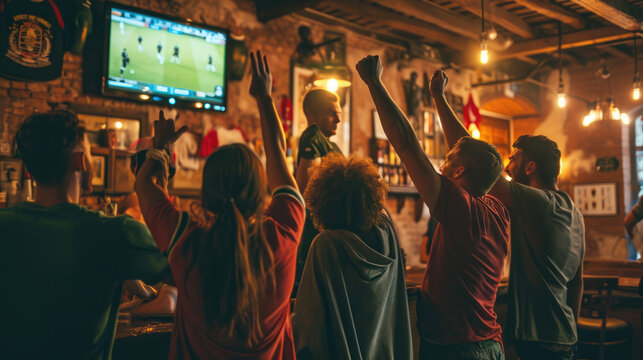 Vibrant sports bar atmosphere where patrons are energetically celebrating