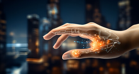 Human hand blending into AI robotic hand, in hi tech environment revolution futuristic technology concept blur background - obrazy, fototapety, plakaty