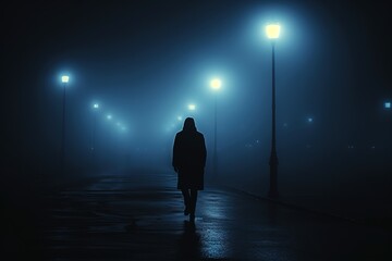 Mysterious silhouette of a man walking on the street night. Spotlight street lights in the middle of the dark night