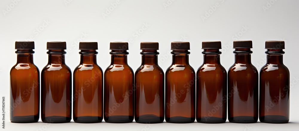 Poster a row of amber glass bottles filled with flavored syrup lined up on a white rectangular surface, eac